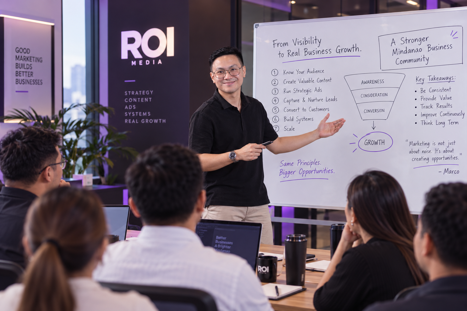 Marco teaching a campaign plan on a whiteboard